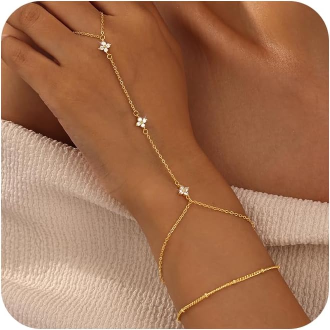 CHESKY 14K Gold Plated Hand Chain Bracelets for Women Set - Dainty Finger Ring Bracelet Stack Adjustable Hand Chains Durable Beaded Bracelets Trendy Simple Body Jewelry Gift for Women