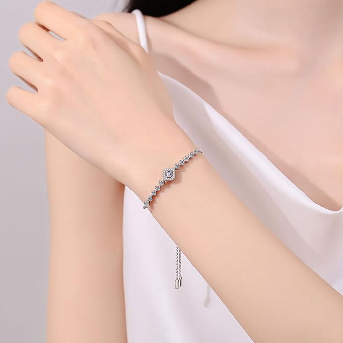 14K White Gold Over S925 Sterling Silver Princess/Round Cut D-color VVS1 Diamond Bracelet, Adjustable Chain with 0.7ct/0.5ct/1ct Diamond, Ideal Surprise for Trendy Women