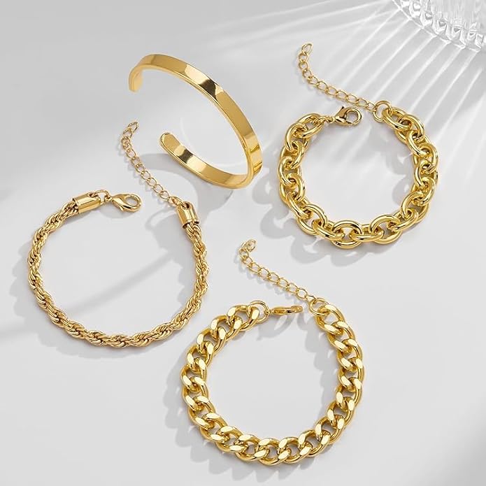 Chunky Gold Bracelets Stack for Women Non Tarnish, Waterproof 14K Gold Plated Bangle Cuff Bracelets Set for Women Trendy Thick Layered Cuban Link Chain Paperclip Rope Stackable Bracelet for Jewelry Gifts