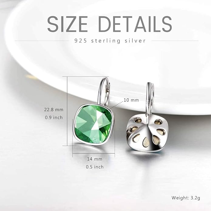 AOBOCO Sterling Silver Leverback Earrings Embellished with Crystals from Austria, Hypoallergenic Cushion Cut Square Crystal Earrings, Fine Anniversary Birthday Jewelry Gifts for Women