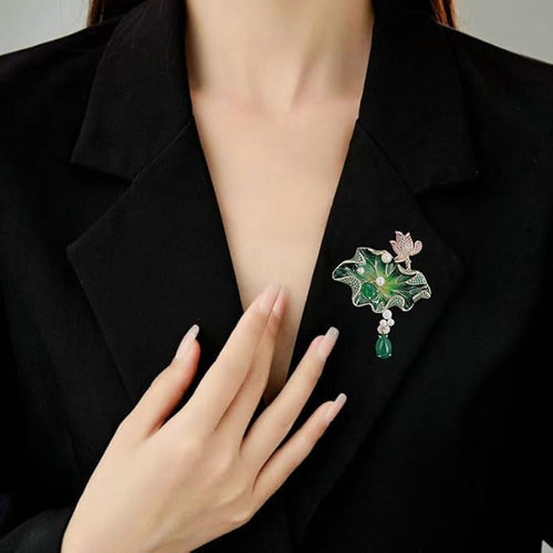 14K Gold Handmade Enamel Water Lily Brooch, Freshwater Pearl Pendant, Elegant Design for Cheongsam, Coats and Chinese Style Outfits