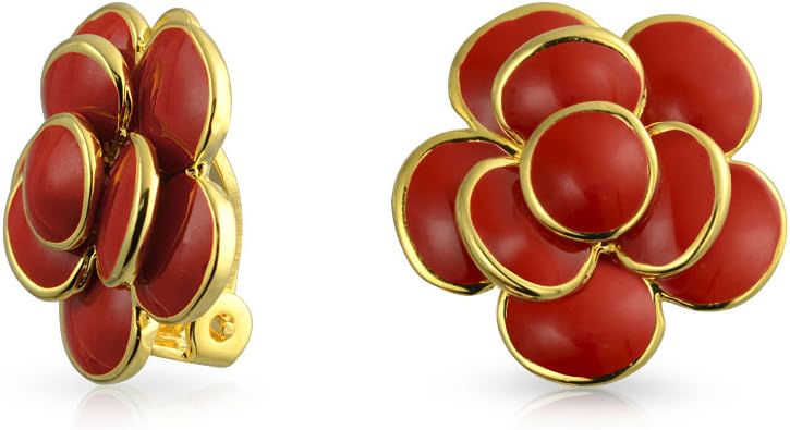 Pink Red Enamel Flower Crystal Edge Spring Retro Floral Rose Clip On Earrings For Women Non Pierced Ears 14K Gold Plated