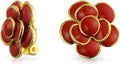 Pink Red Enamel Flower Crystal Edge Spring Retro Floral Rose Clip On Earrings For Women Non Pierced Ears 14K Gold Plated