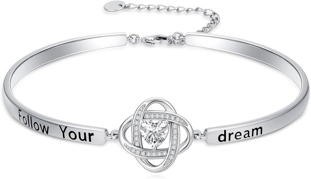 Valentines Day Gifts for Her, 18k White Gold Plated Love Knot Bracelets, Engraved Inspirational and Sentiment Bangle, Anniversary Birthday Jewelry Gift for Lover Wife Girlfriend Sister Friends