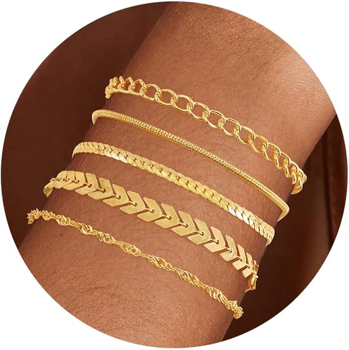 VIBILIA Dainty Gold Chain Bracelet for Women Trendy Stackable Adjustable Layered Metal Bracelet Gold Plated Twist Link Figaro Chain Paperclip Bracelets Fashion Jewelry