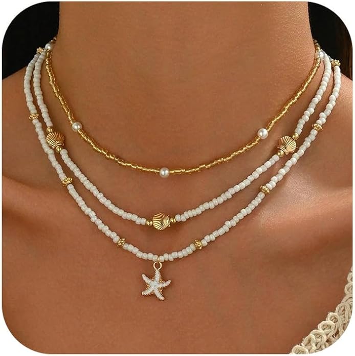 Shell Starfish Necklace for Women, 14k Gold Plated Boho Layered Beaded Charm Pendant Necklace, Dainty Adjustable Pearl Conch Summer Beach Vacation Jewelry Gifts