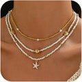 Shell Starfish Necklace for Women, 14k Gold Plated Boho Layered Beaded Charm Pendant Necklace, Dainty Adjustable Pearl Conch Summer Beach Vacation Jewelry Gifts