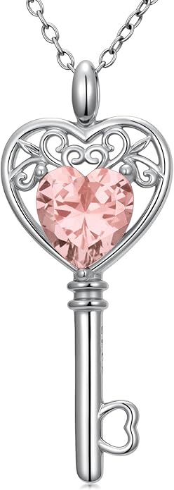 WSX Heart Key Birthstone Necklace for Women 925 Sterling Silver Love Key Pendant with Birthstone Valentine's Day Anniversary Jewelry Gift for Her