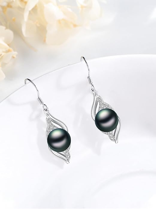 Tahitian Black Pearl Earrings Gifts for Women Wife Celtic Dangle Drop Earrings Wedding Birthday Anniversary Jewelry Valentines Christmas Day Gifts 925 Sterling Silver