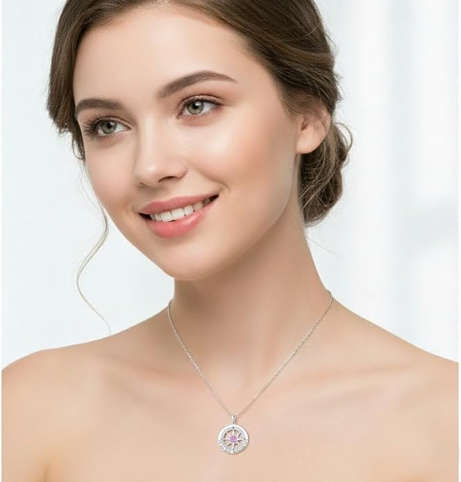 Compass Necklace for Women Wife Girlfriend Mom Daughter Gifts S925 Sterling Silver Jewelry For Anniversary Rose Gold Gifts For Birthday Christmas Mothers Valentines Day 12 Birthstones