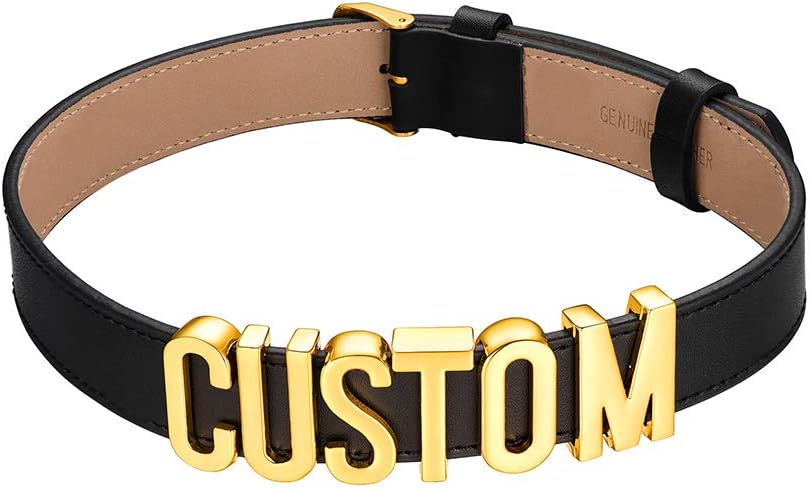 Custom4U Personalized Black Leather Choker Necklace with Picture/Name/Initials/Letters Charm,Custom Made Adjustable Choker Collar Gothic Punk Necklaces Jewelry Gifts for Women