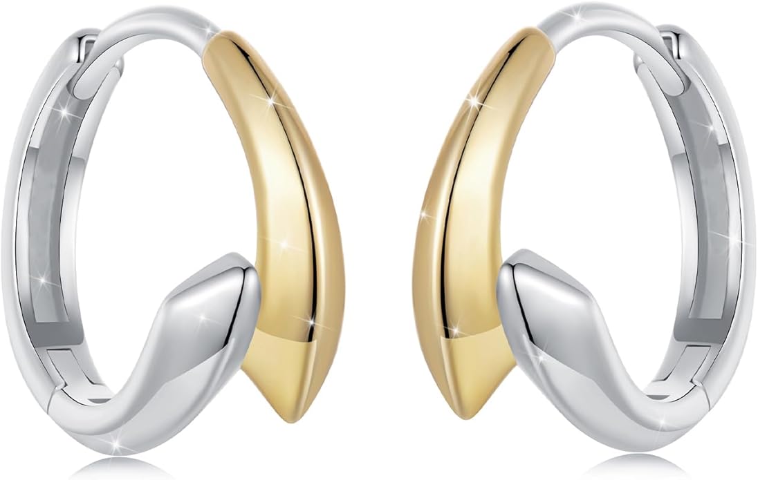 WOSTU 14K Gold Plated Two-Tone Oval Hoop Earrings for Women, Water Drop Design Lightweight Huggie Earrings,925 Sterling Silver Posts Double Drop Chunky Hoops Hypoallergenic Ear Buckles