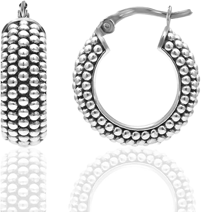 LeCalla 925 Sterling Silver Bali-Style Hoop Earrings Lightweight Click-Top Antique Two-Tone Beaded Italian Bali Style Earring Hoops for Women