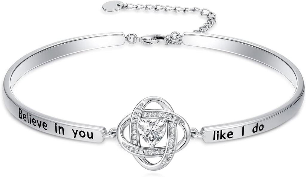 Valentines Day Gifts for Her, 18k White Gold Plated Love Knot Bracelets, Engraved Inspirational and Sentiment Bangle, Anniversary Birthday Jewelry Gift for Lover Wife Girlfriend Sister Friends