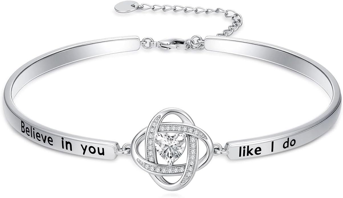 Valentines Day Gifts for Her, 18k White Gold Plated Love Knot Bracelets, Engraved Inspirational and Sentiment Bangle, Anniversary Birthday Jewelry Gift for Lover Wife Girlfriend Sister Friends