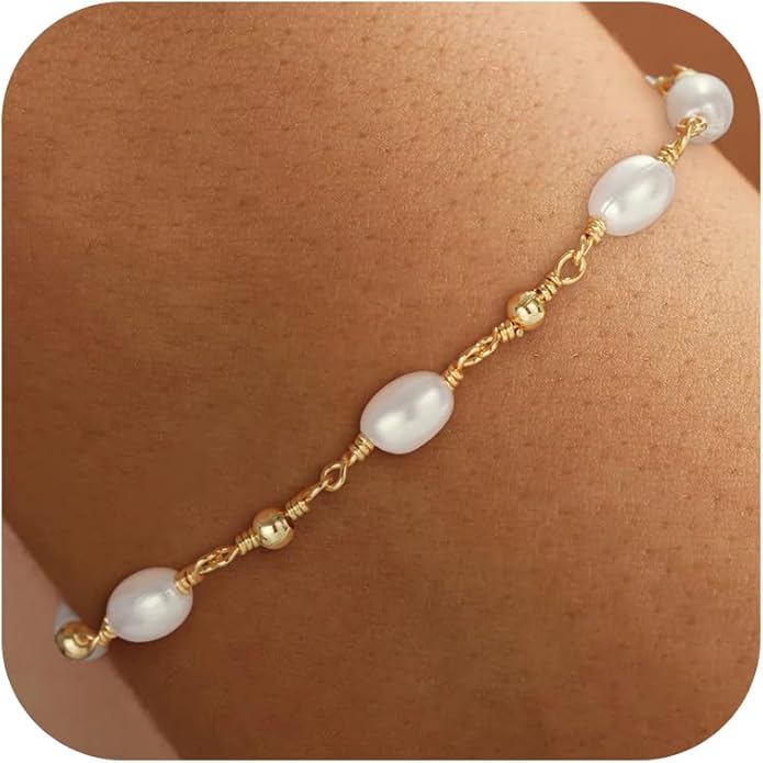 SLOONG Valentines Day Gifts for Her Gold Pearl Bracelets, 18K Real Gold Plated Dainty Stackable Snake Chain CZ Heart Pendant Bracelets, Layered Waterproof Jewelry Gift for Women Adjustable 6"+2"