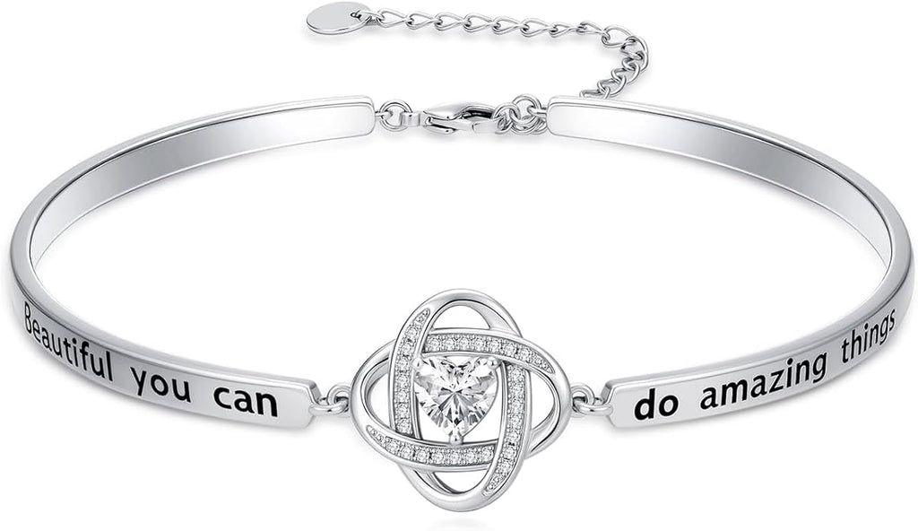 Valentines Day Gifts for Her, 18k White Gold Plated Love Knot Bracelets, Engraved Inspirational and Sentiment Bangle, Anniversary Birthday Jewelry Gift for Lover Wife Girlfriend Sister Friends