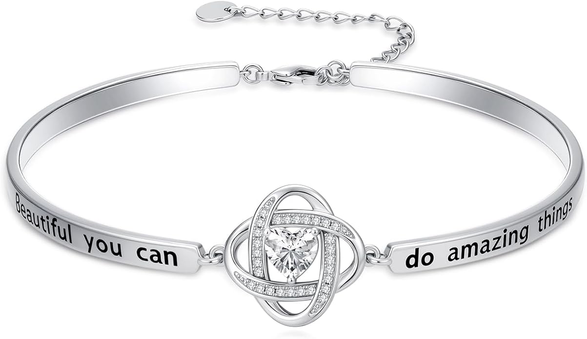 Valentines Day Gifts for Her, 18k White Gold Plated Love Knot Bracelets, Engraved Inspirational and Sentiment Bangle, Anniversary Birthday Jewelry Gift for Lover Wife Girlfriend Sister Friends