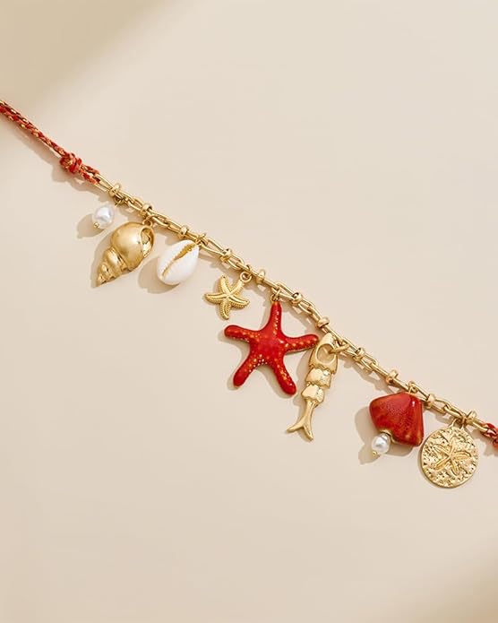 Shell Starfish Charm Necklace For Women Boho Ocean Themed Necklaces for Women, Layered & Charm Pendant Necklaces Summer Beach Jewelry