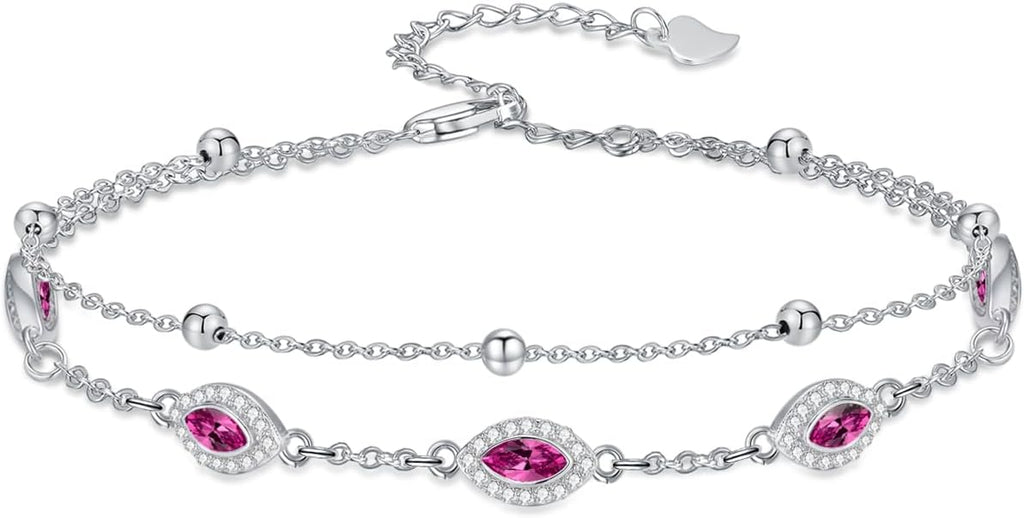 Evil Eye Birthstone Charm Link Bracelet 925 Sterling Silver Evil Eye Bracelet with 12 Months Birthstone Birthday Jewelry Gifts for Women Mom Her,Chain Length 7"+2" Extend