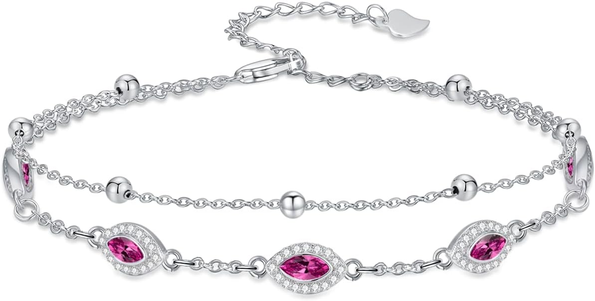 Evil Eye Birthstone Charm Link Bracelet 925 Sterling Silver Evil Eye Bracelet with 12 Months Birthstone Birthday Jewelry Gifts for Women Mom Her,Chain Length 7"+2" Extend