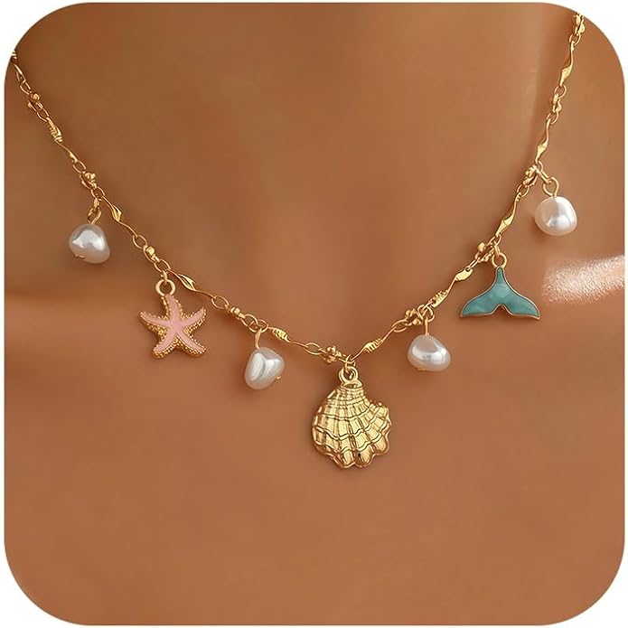 Shell Starfish Necklace for Women, 14k Gold Plated Boho Layered Beaded Charm Pendant Necklace, Dainty Adjustable Pearl Conch Summer Beach Vacation Jewelry Gifts