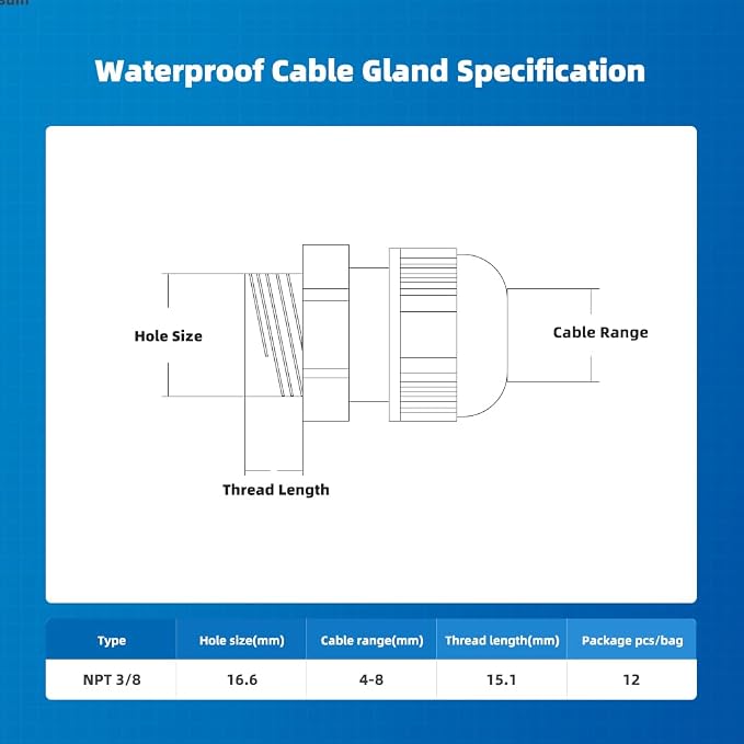 Cable Gland 12 Pack 3/8" NPT Waterproof Adjustable Connector Strain Relief Cord - Image 4