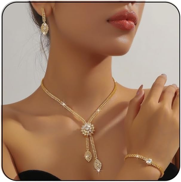 Rhinestone Earrings Necklace Bracelet Set for Women,Vintage Flower Crystal Earrings Necklaces Sparkly Bridal Necklace Bracelet Set Wedding Party Jewelry