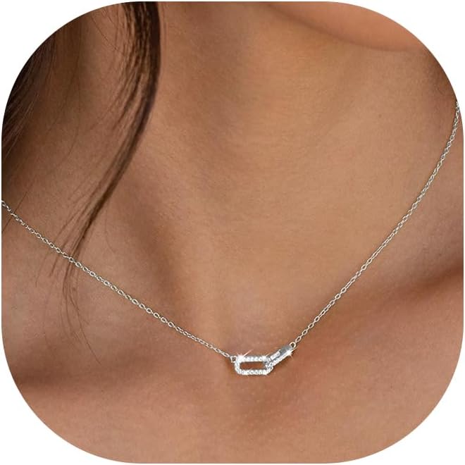 14K Gold & Sterling Silver Plated Pendant Necklaces for Women - Dainty CZ Paperclip Choker, Simple Oval Interlock Necklace, Trendy Cute Jewelry