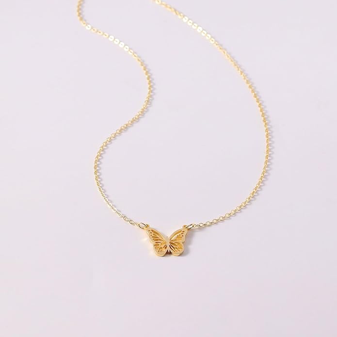 14K Gold Plated Dainty Pendant Butterfly Bead Boot Bee Baseball Flower Compass Airplane Heart Hummingbird Tree Necklace Simple Jewelry Gift for Women