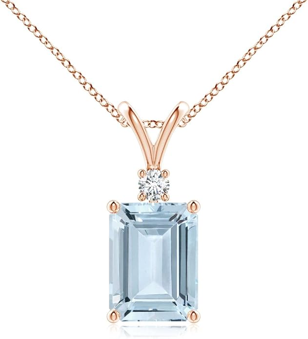 Angara Natural Aquamarine Solitaire Pendant for Women | Emerald-Cut Aquamarine Pendant with Diamond in 14K Solid Gold/Silver/Platinum With 18" Chain | March Birthday, Gemstone Jewelry Gift