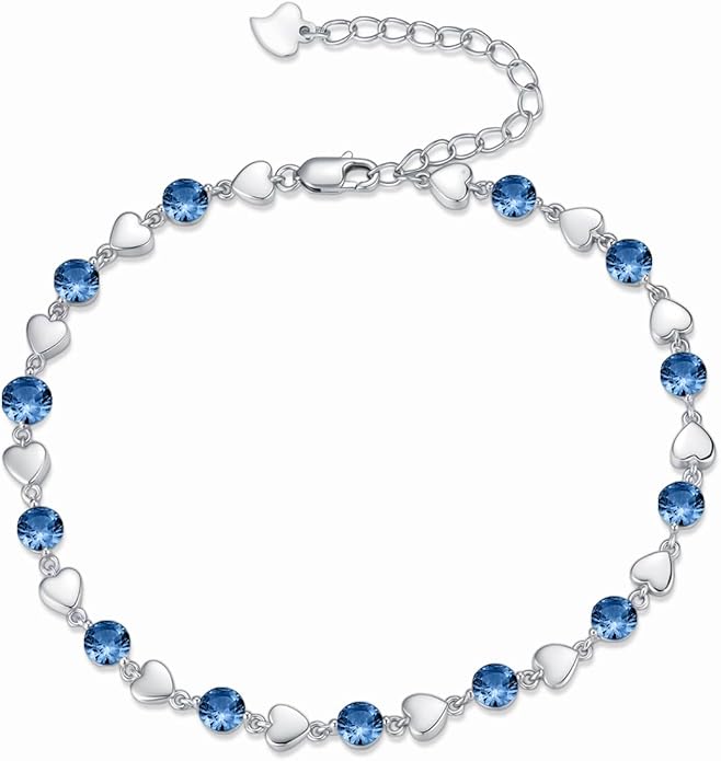 Birthstone Charm Link Bracelet 925 Sterling Silver Rose/Heart/Mom Bracelet with 12 Months Birthstone Mother's Day Gift Jewelry Gifts for Women,Chain Length 7"+2" Extend
