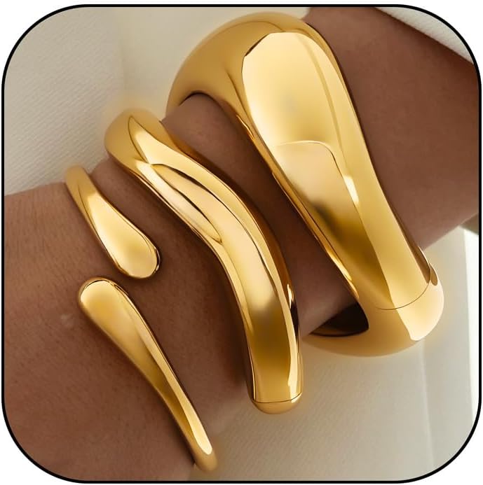 3Pcs Chunky Gold Bangles Bracelets for Women, Spring Hinged Big Stackable Bangles Set, Trendy Cuff Bracelet Stack Fashion Jewelry Gifts