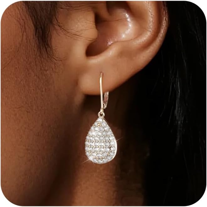 ALEXCRAFT 925 Sterling Silver Dangle Earrings, 14K Gold Plated Heart Waterdrop Earring for Women Trendy Hypoallergenic Leverback Earings Wedding Cubic Zirconia Dangle Earrings Jewelry for Women