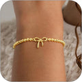 Gold Bracelets for Women, Cute 14K Gold/Silver Plated Stretch Beaded Bracelets for Women Trendy Stackable Charm Bracelet Dainty Adjustable Waterproof Non Tarnish Jewelry Gifts for Her