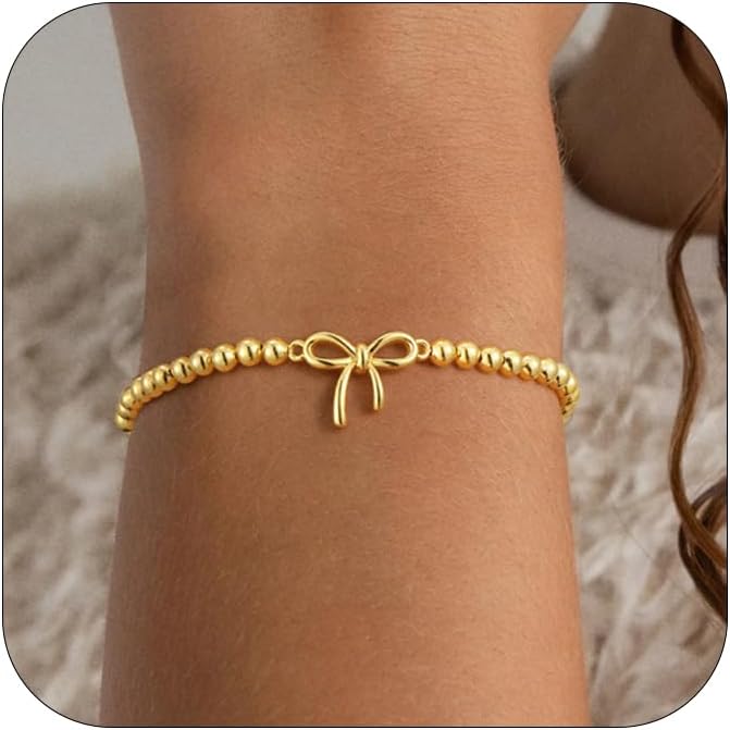 Gold Bracelets for Women, Cute 14K Gold/Silver Plated Stretch Beaded Bracelets for Women Trendy Stackable Charm Bracelet Dainty Adjustable Waterproof Non Tarnish Jewelry Gifts for Her