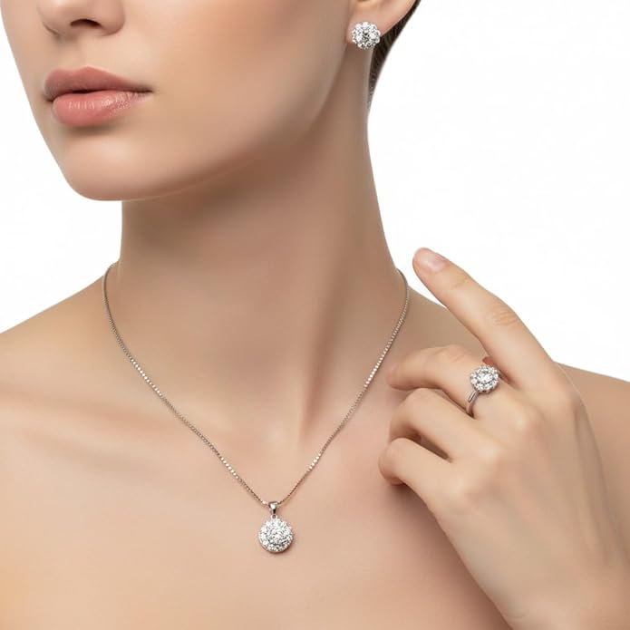 Stunning 3-piece Moissanite Jewelry Set - Necklace, Ring & Earrings | Elegant Wedding Jewelry Sets for Brides | Perfect Moissanite Earrings & Necklace | Timeless Bride Earrings & Wedding Earrings for Brides