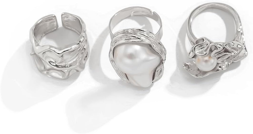 CJIAYUJEW Chunky Gold Flower Rings Pearl Stacking Statement Rings for Women Silver Chunky Knuckle Ring Set Adjustable Pearl Finger Ring Sets