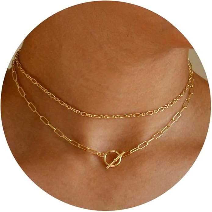 CHESKY Layered Necklaces for Women, 14K Gold Plated Chain Necklace Women Trendy Cuban Link Paperclip Chain Toggle Clasp Necklace Fashion Chunky Jewelry for Women