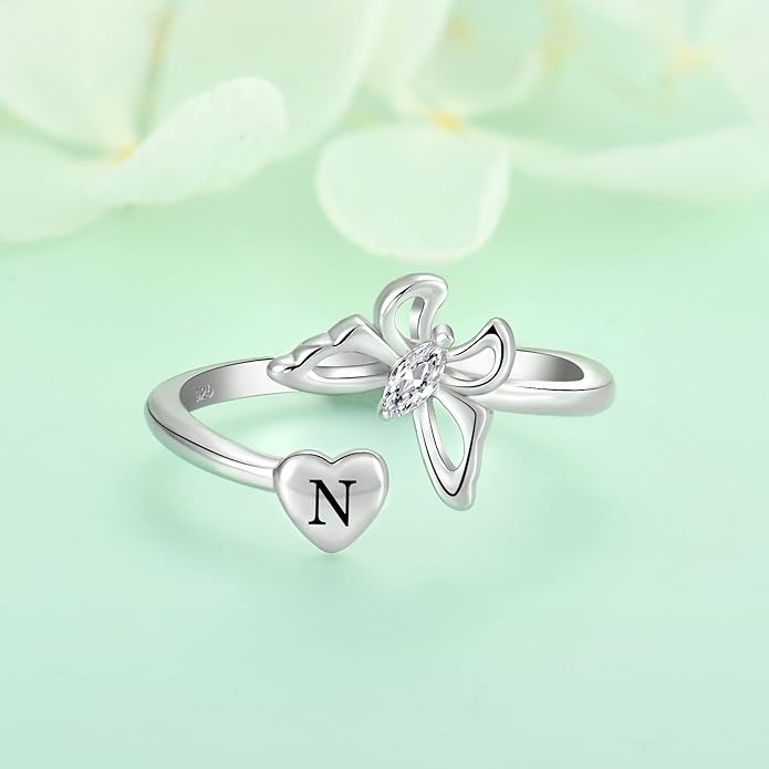 STARCHENIE Butterfly Initial Ring for Women 925 Sterling Silver Letters A-Z 26 Alphabet Adjustable Ring Size 7