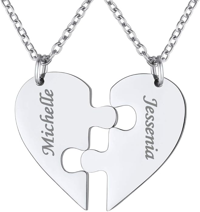 FindChic Personalized Matching BFF Necklace for 2/3/4/5/6 Puzzle Name Heart Pendant Stainless Steel Couple Necklace Set Customized Necklaces for Teen Girls
