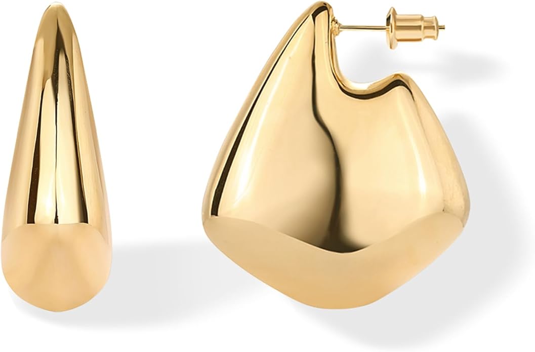 PAVOI 14K Gold Plated 925 Sterling Silver Posts Statement Earrings for Women - Geometric Dome Teardrop Drop Dangle Hoop Chunky Gold Earrings