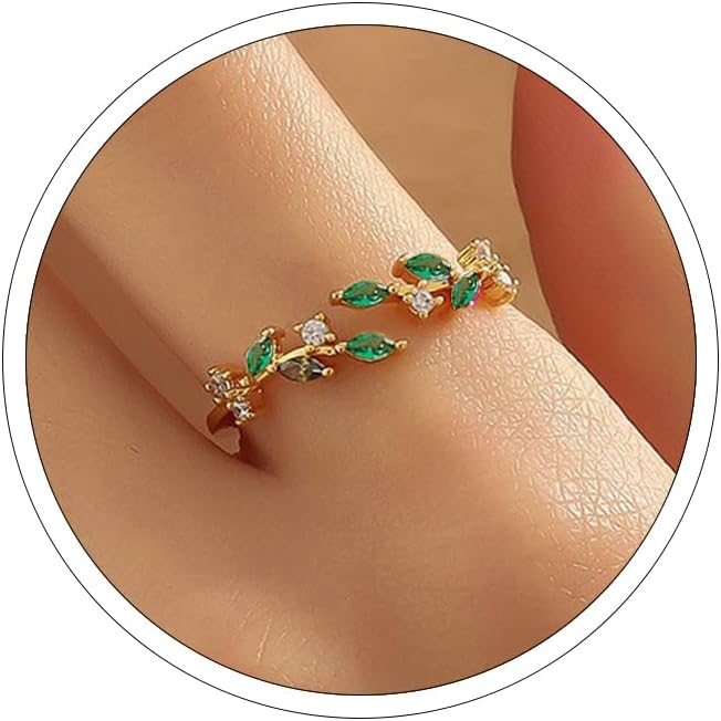 Gold Rings Non Tarnish Silver Adjustable Rings for Women Cubic Zirconia Leaf Ring Dainty Silver Stackable Ring for Women