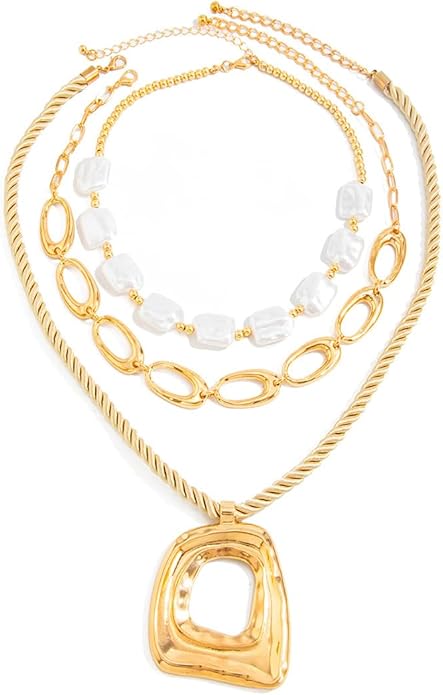 PLOUTOS Statement Modern Geometric Hollow Square Pendant Rope Chain Necklace for Women Bold Fashion Layering Collarbone Jewelry Party Wear Accessory