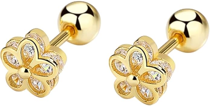 925 Sterling Silver Cubic Zirconia Screw Back Cute Flower Stud Earrings for Women