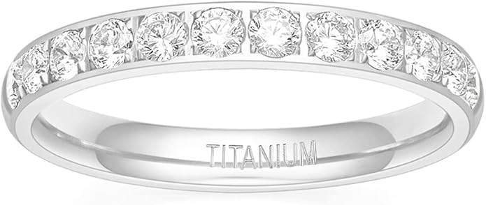 TIGRADE 3mm Women Titanium Engagement Ring Half Cubic Zirconia Eternity Wedding Band Size 3-13
