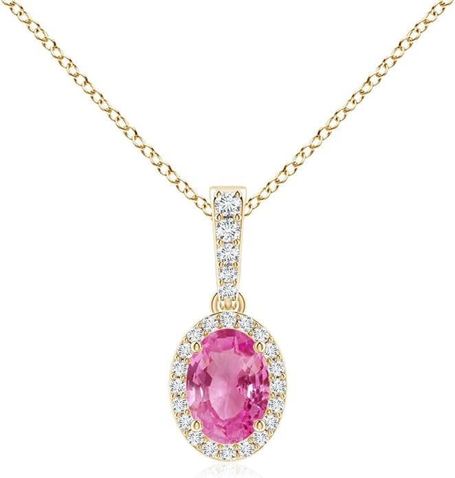 Angara Natural Pink Sapphire Pendant for Women | Vintage Style Oval Pink Sapphire Halo Pendant in 14K Solid Gold/Platinum With 18" Chain | Birthday, Anniversary, Gemstone Jewelry Gift