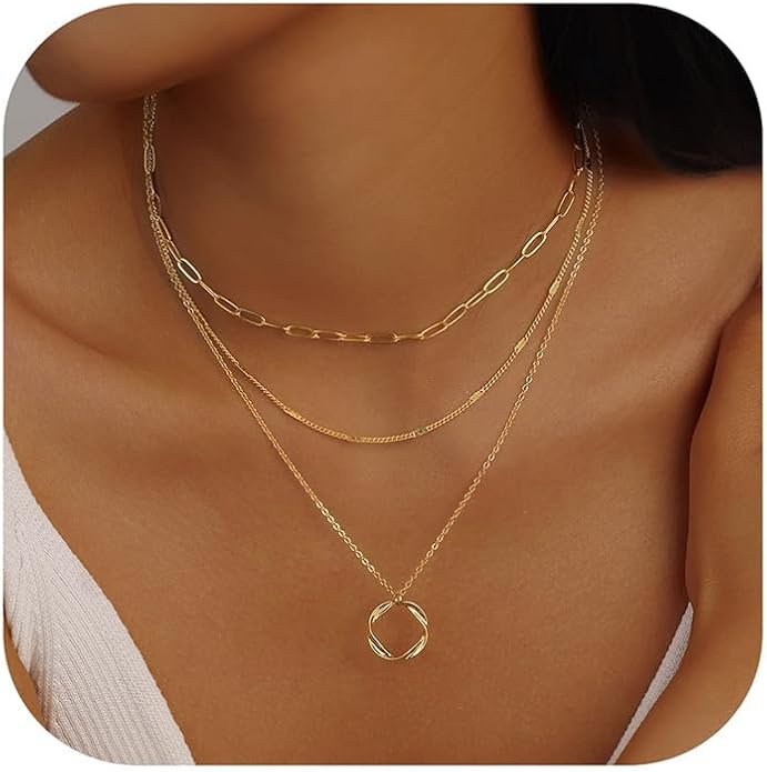 Evabelle Gold Layered Necklace for Women Trendy Jewelry 14K Real Gold Plated Chunky Chain Stackable Necklaces Dainty Choker Necklaces Rectangle Square Pendant