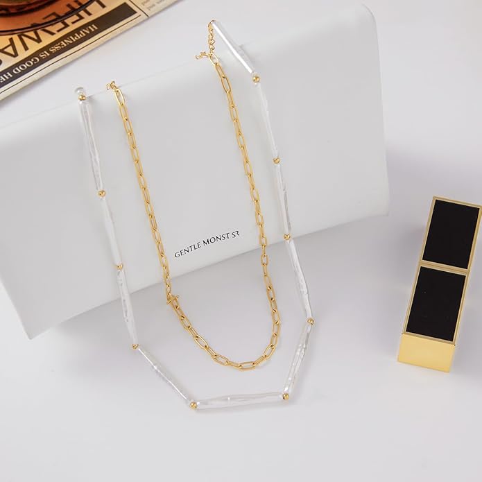 Horseshoe Necklace for Women girl Fashion 18k Gold Plated Dainty Light Blue Crystal Stone Layered Long Necklace Handmade Hypoallergenic