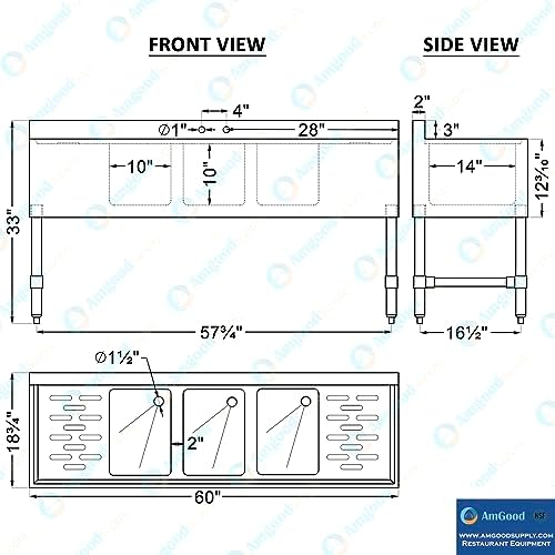 AmGood 60 in. x 19 in. Three Bowl Commercial Underbar Sink - Image 4